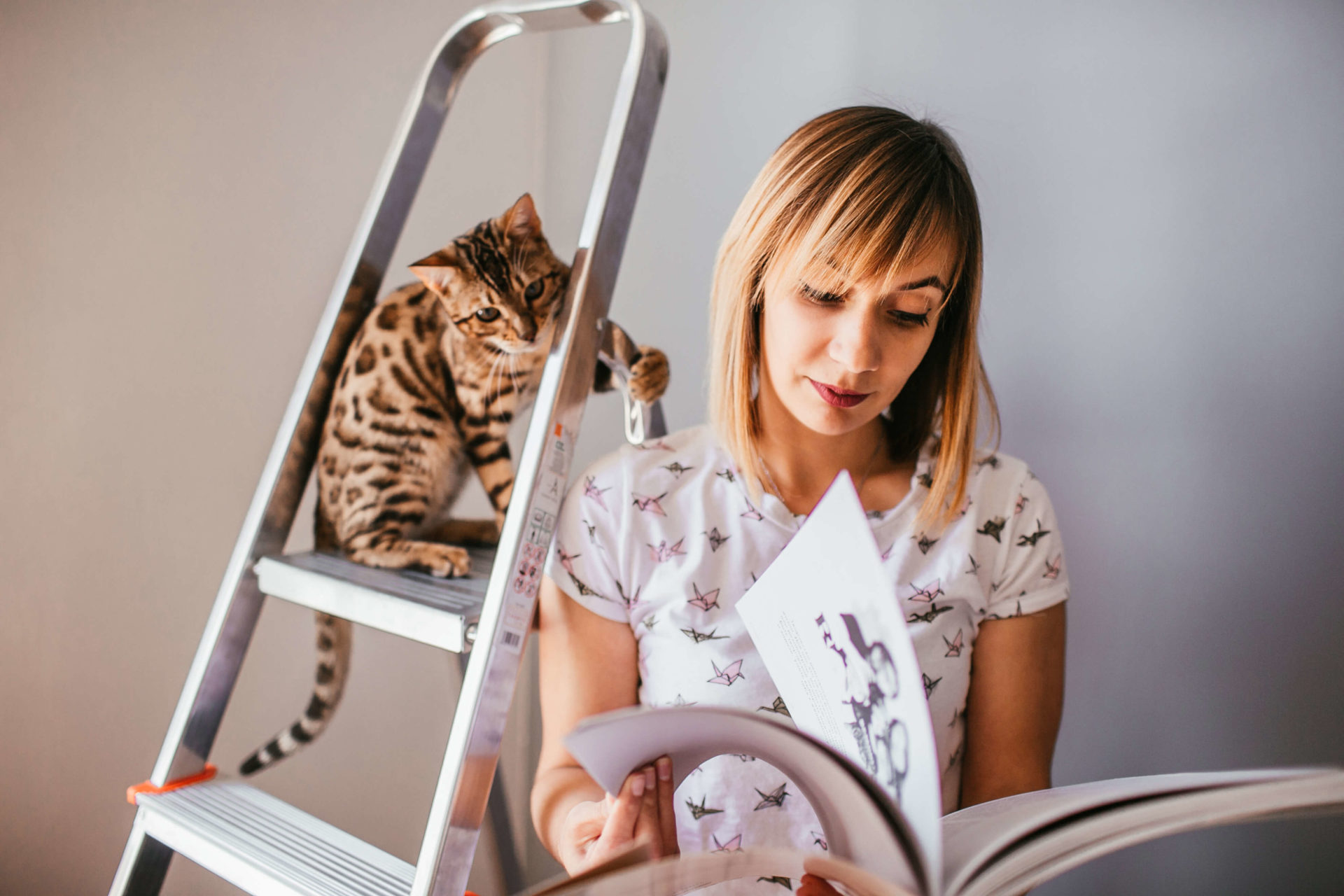 Bengal Cat Looking at Book Over Woman's Shoulder